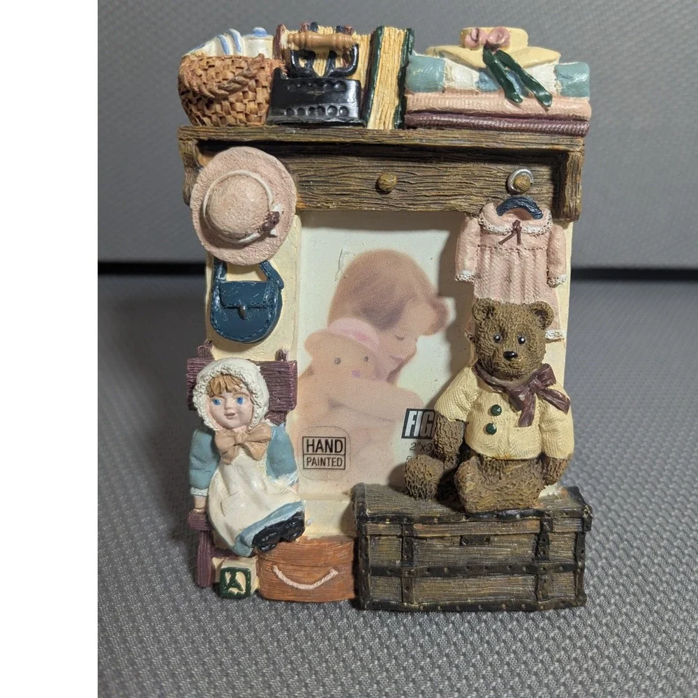 Vintage Hand Painted Resin 3D Teddy Bear and Doll Nursery Picture Frame 2x3